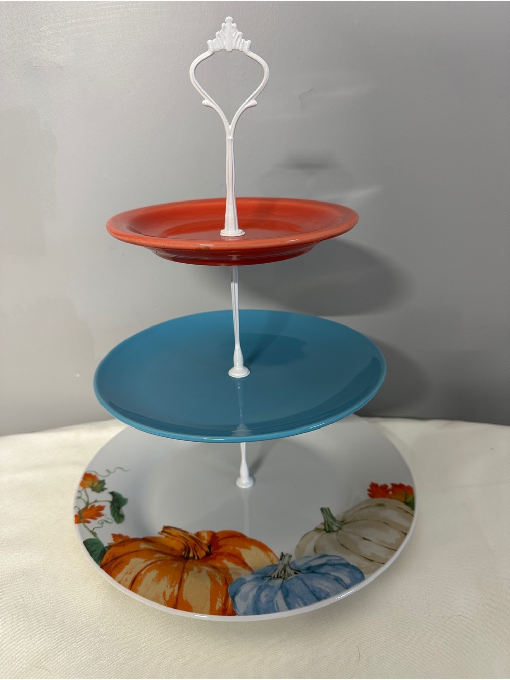 Fall Three-Tier Ceramic Serving Stand in Orange, Blue & White